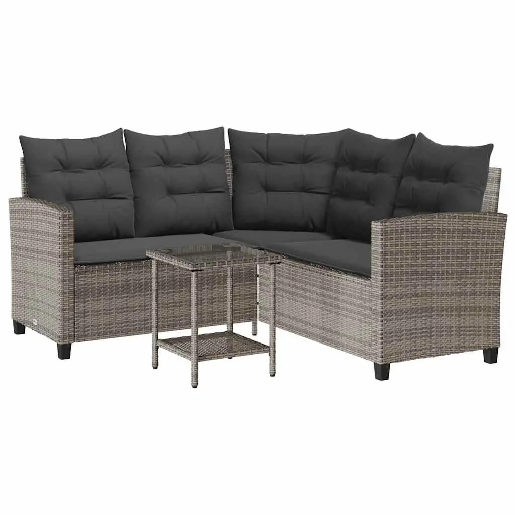 Lounge Sofa Set L-Shaped Grey PE Rattan with Cushions and Glass Table Outdoor Furniture