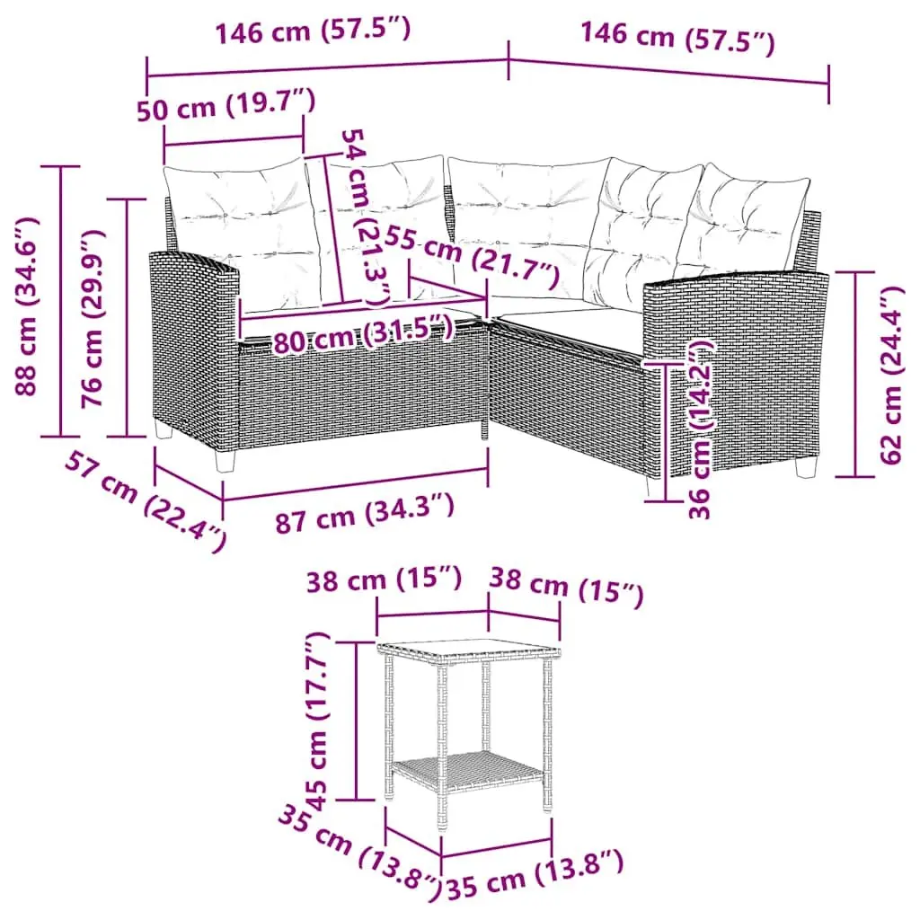 Lounge Sofa Set L-Shaped Grey PE Rattan with Cushions and Glass Table Outdoor Furniture
