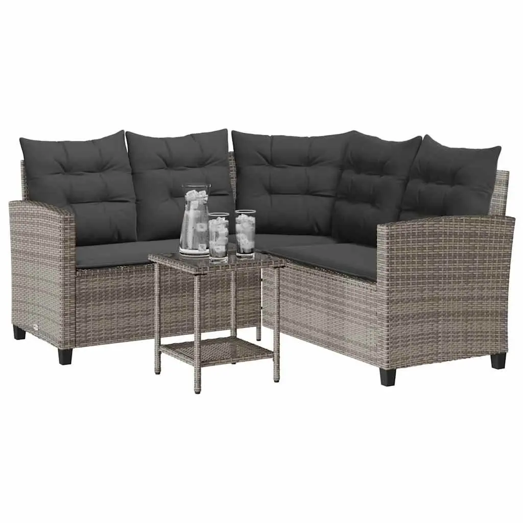 Lounge Sofa Set L-Shaped Grey PE Rattan with Cushions and Glass Table Outdoor Furniture