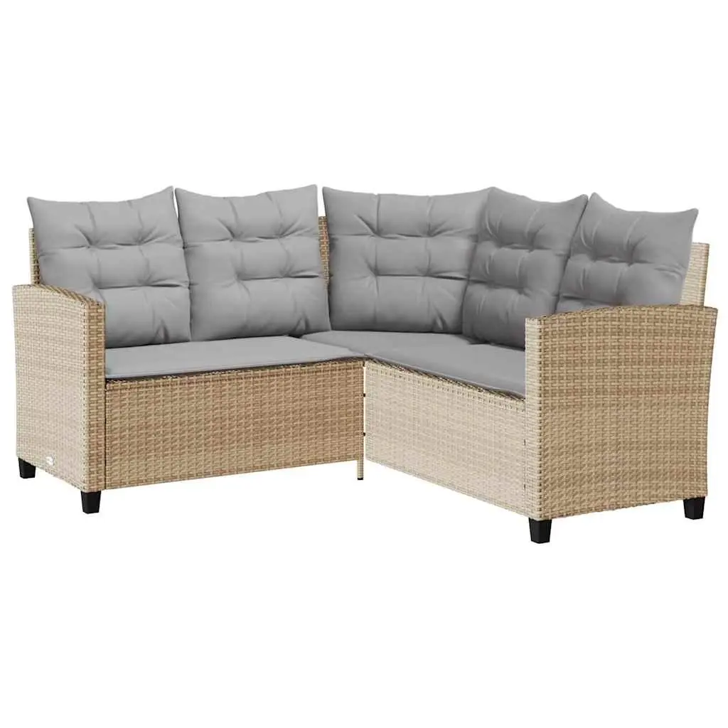 L-Shaped Garden Sofa with Table & Cushions Beige Poly Rattan Outdoor Corner Set