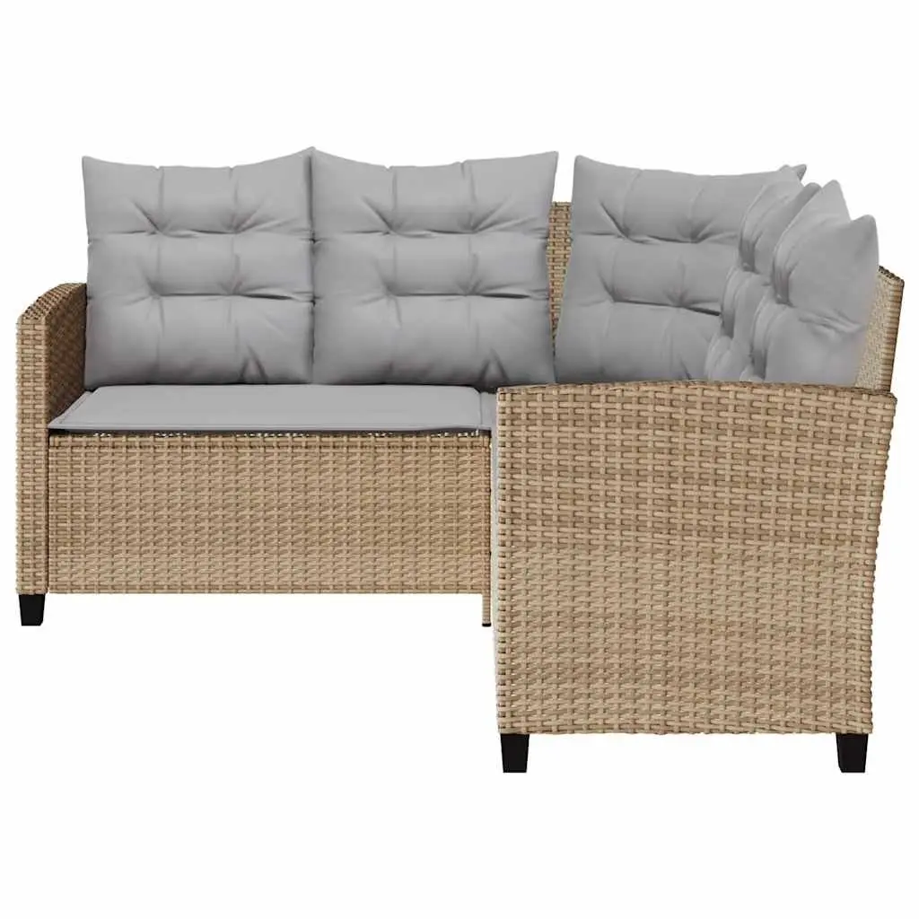 L-Shaped Garden Sofa with Table & Cushions Beige Poly Rattan Outdoor Corner Set