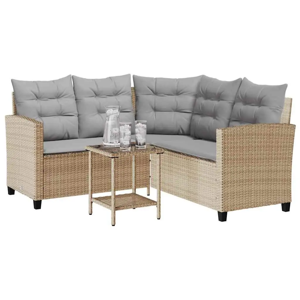 L-Shaped Garden Sofa with Table & Cushions Beige Poly Rattan Outdoor Corner Set