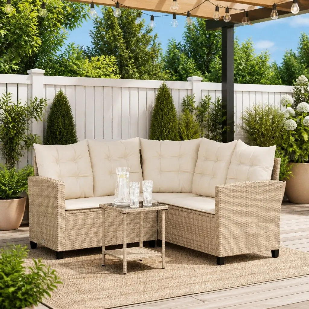 L-Shaped Garden Sofa Set Beige Poly Rattan with Cushions and Table Outdoor Furniture