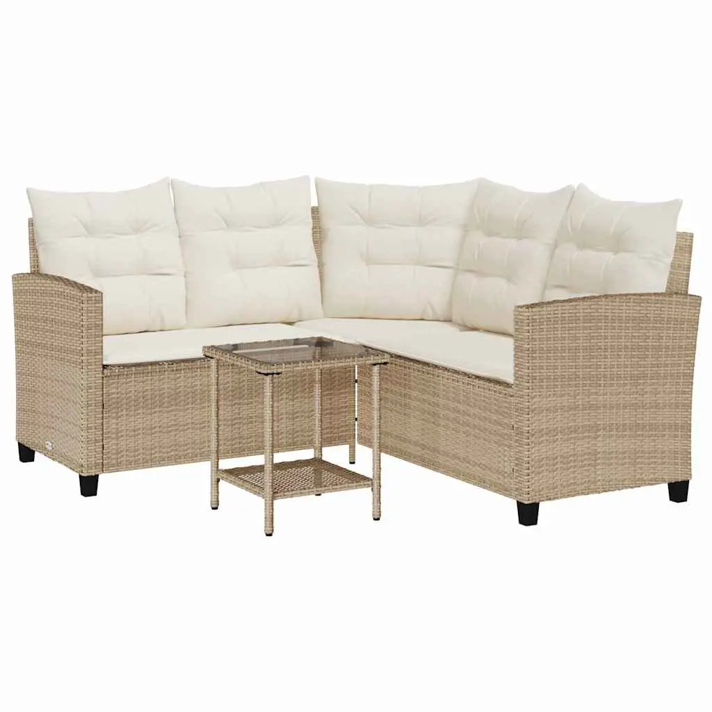 L-Shaped Garden Sofa Set Beige Poly Rattan with Cushions and Table Outdoor Furniture