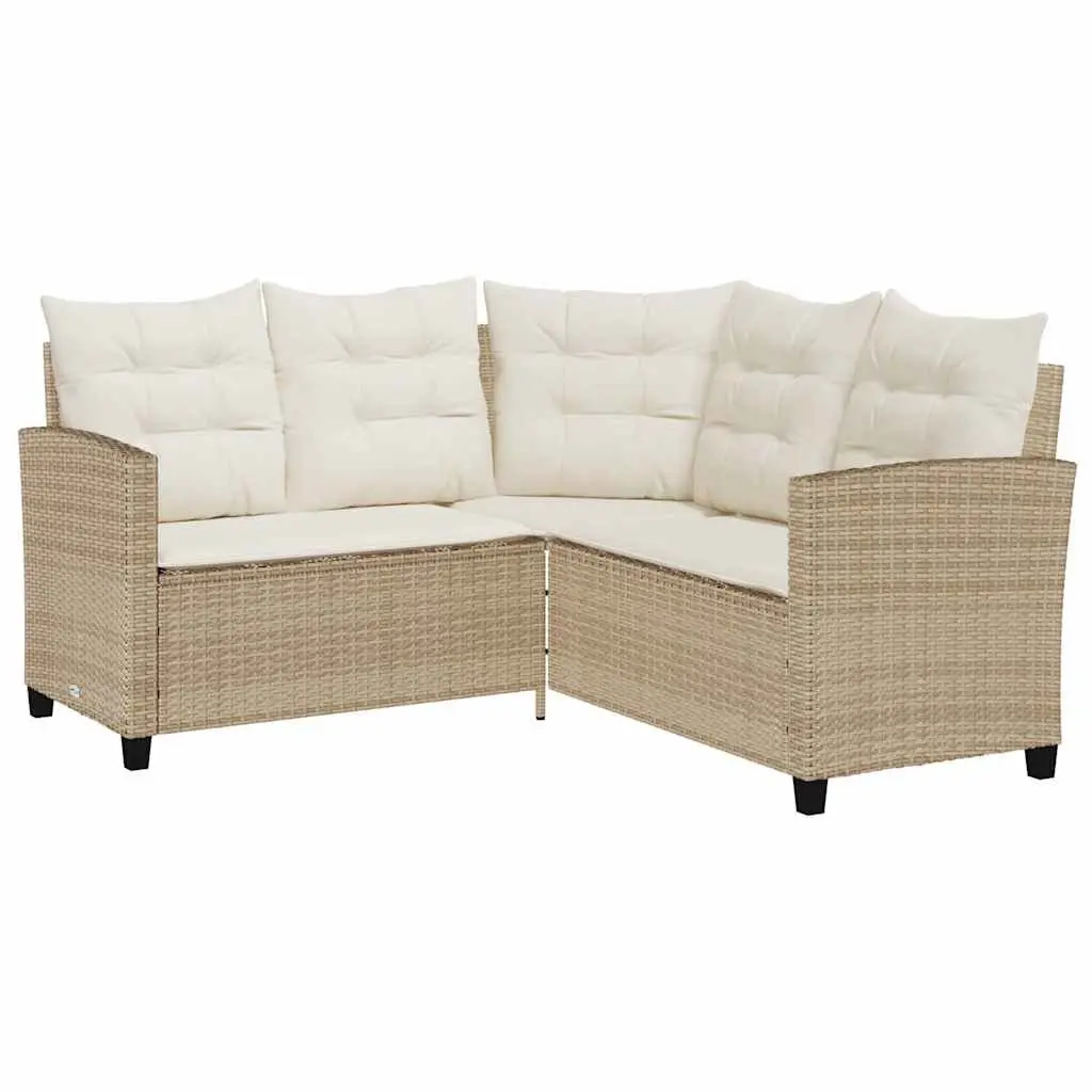 L-Shaped Garden Sofa Set Beige Poly Rattan with Cushions and Table Outdoor Furniture