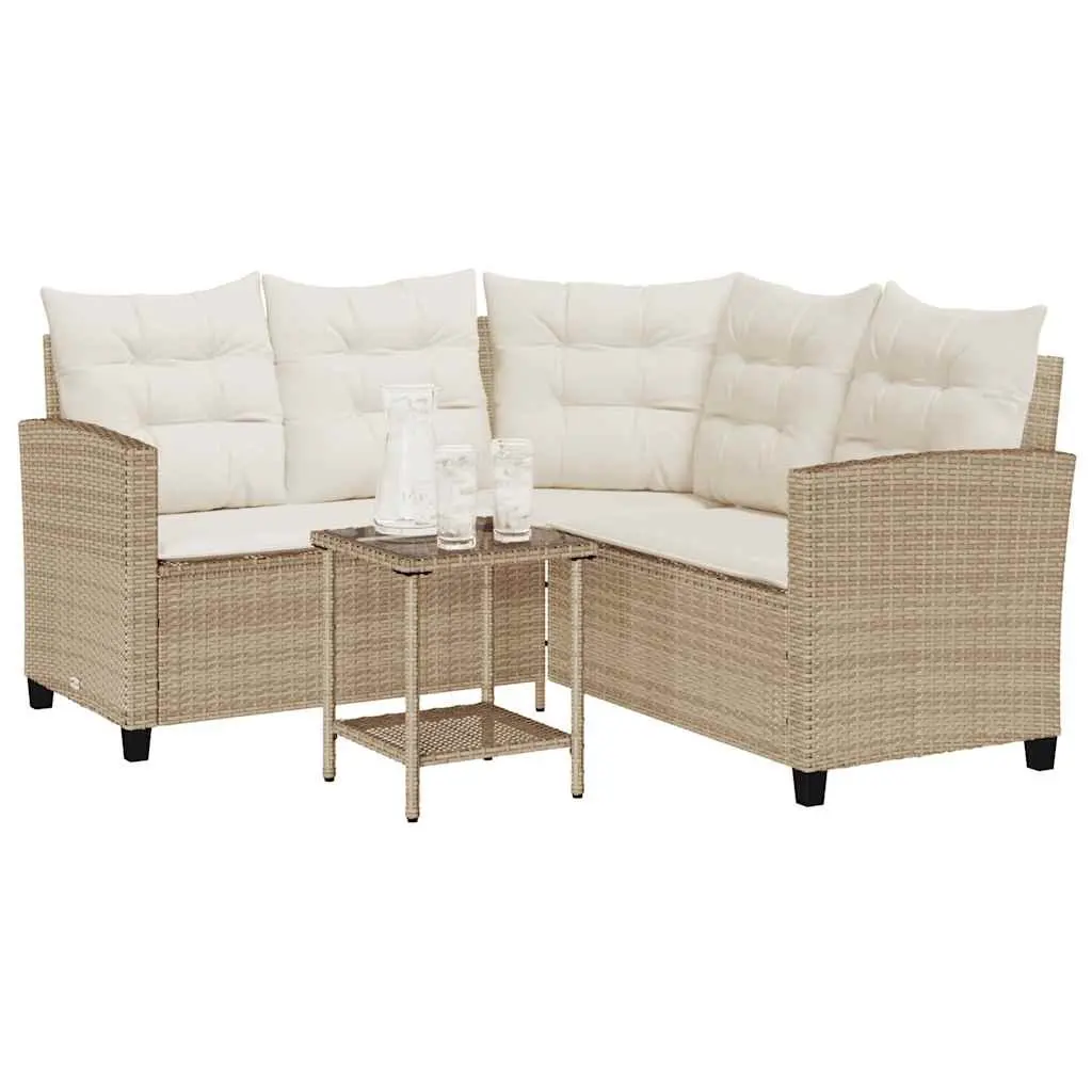 L-Shaped Garden Sofa Set Beige Poly Rattan with Cushions and Table Outdoor Furniture