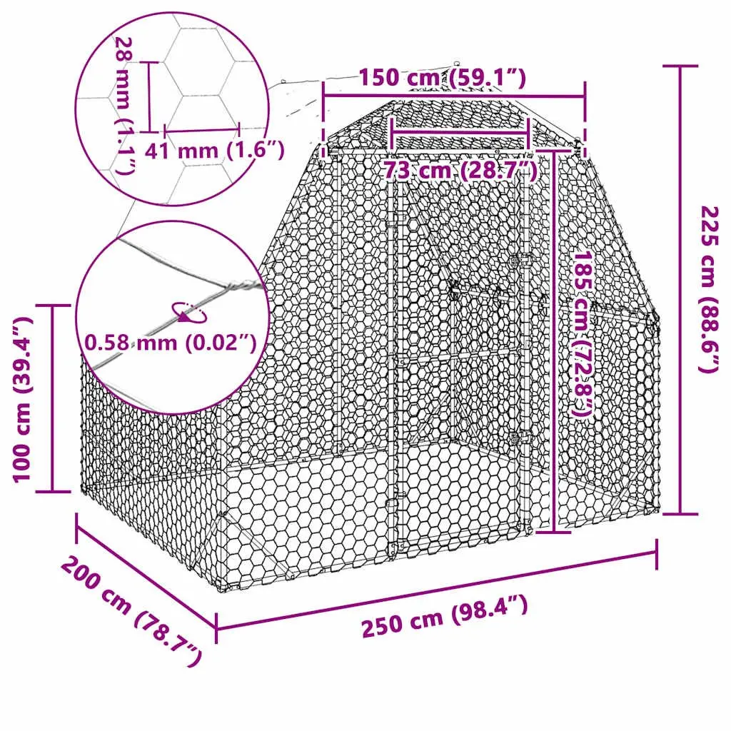 Chicken Run Hexagonal Mesh Construction Silver 2.5x2x2.25m Walk-In Enclosure with Roof