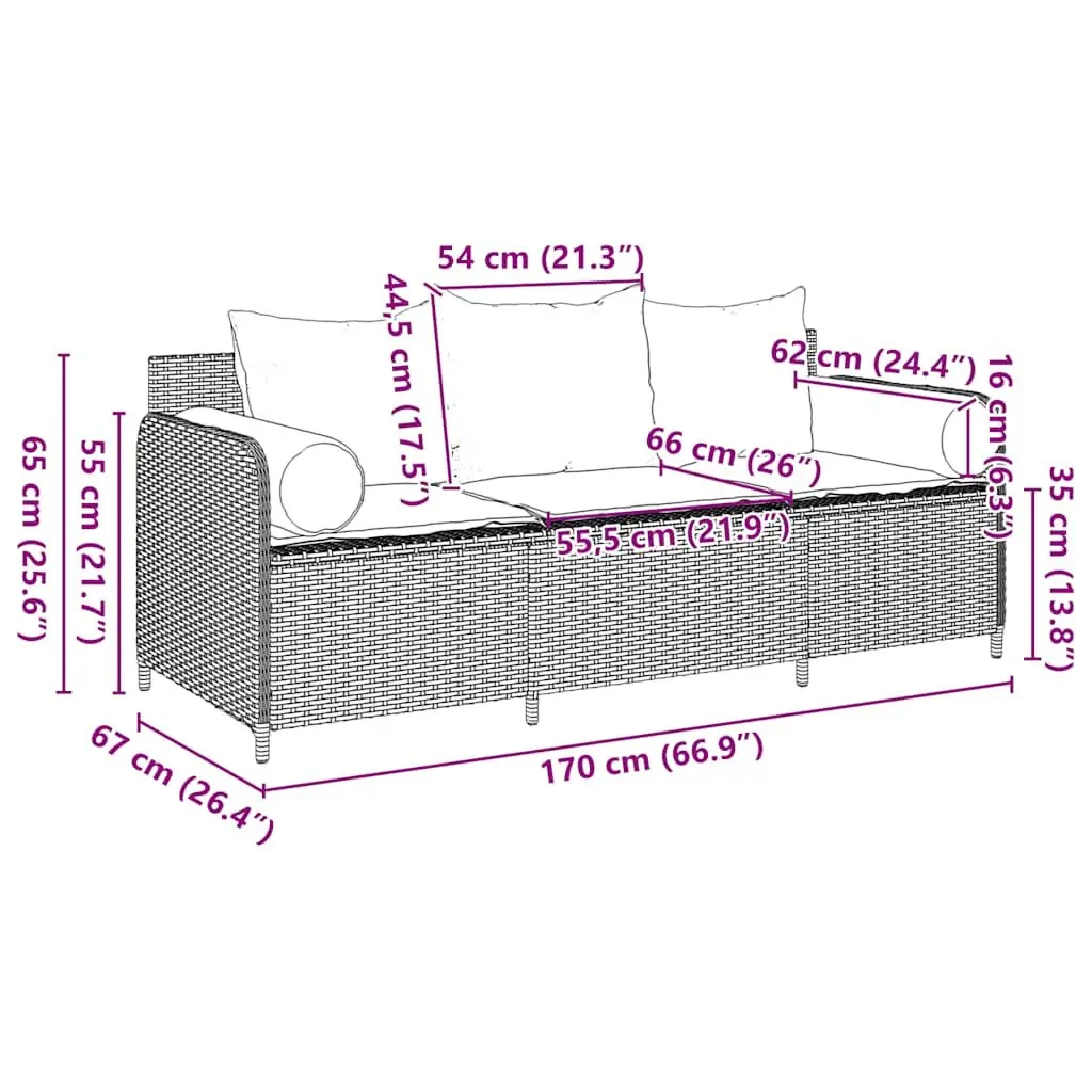 3-Seater Black Garden Sofa for Outdoor Use