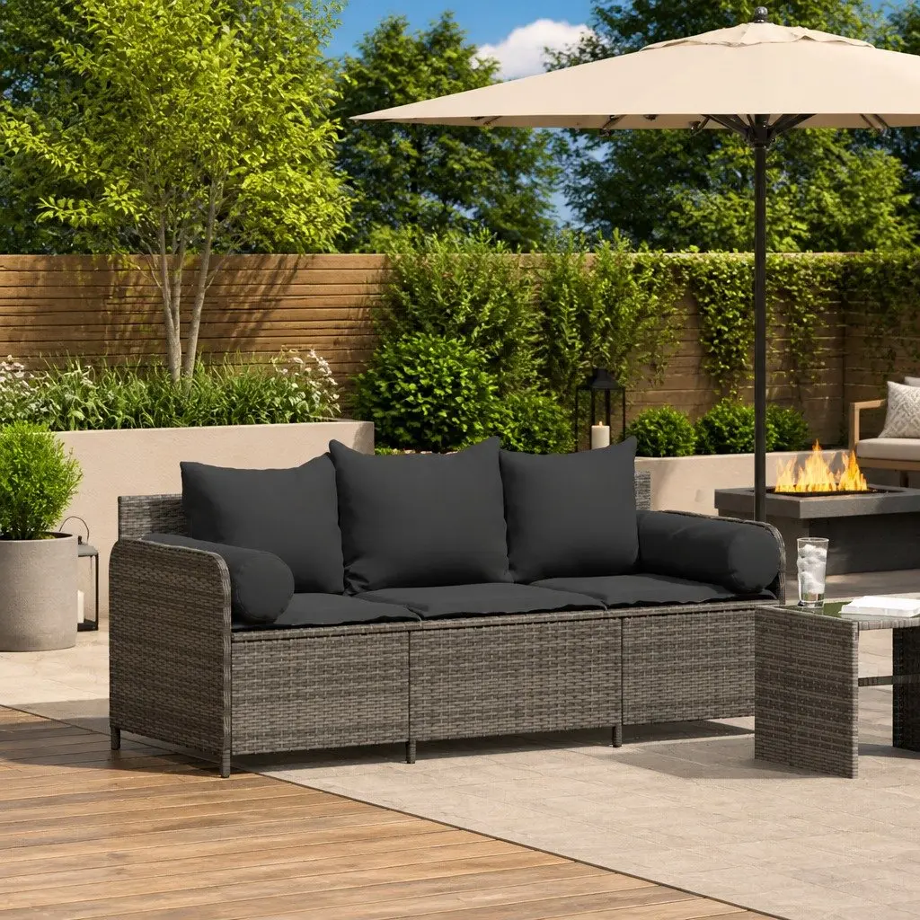 Outdoor Couch Set Grey Poly Rattan 3-Seater Garden Sofa with Cushions
