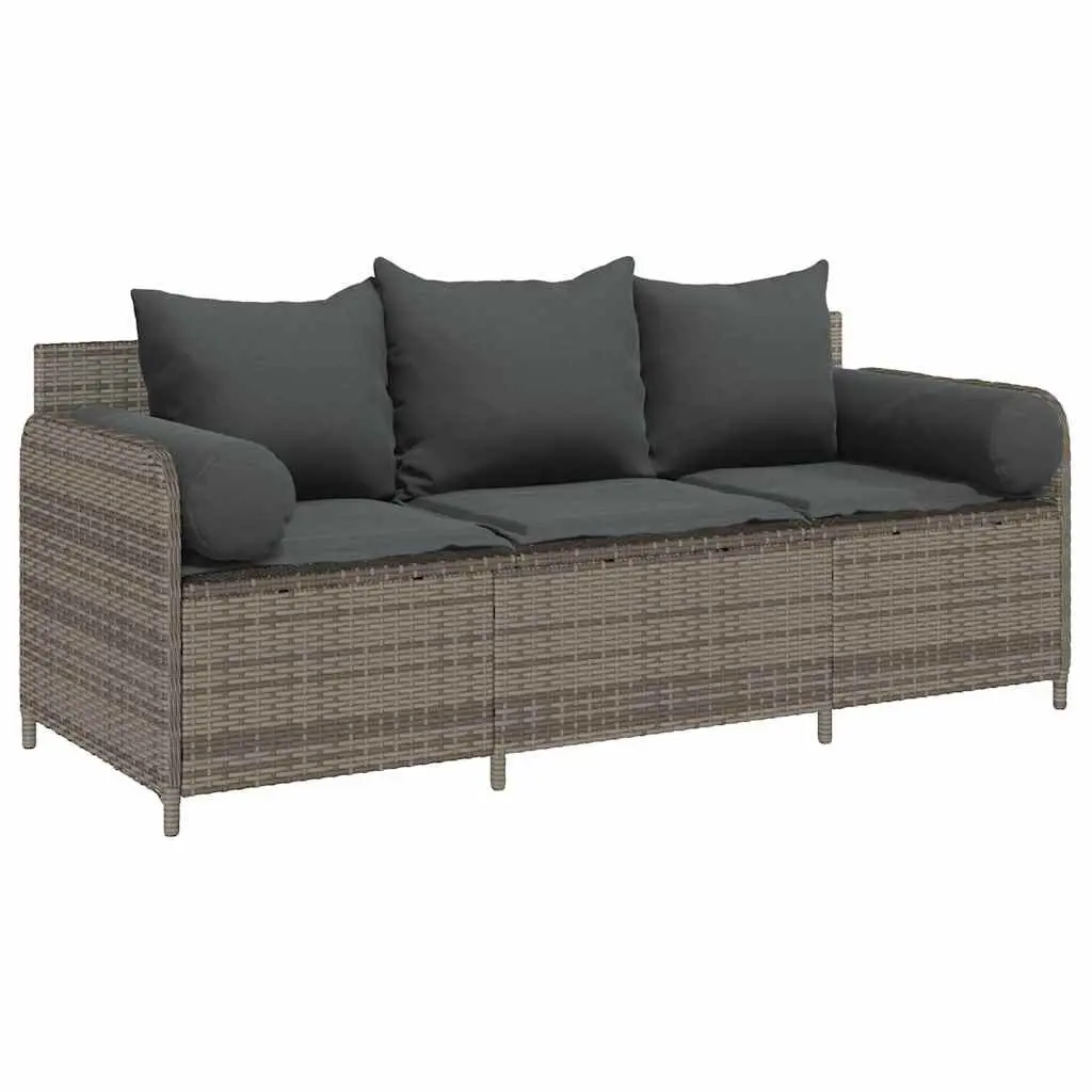 Outdoor Couch Set Grey Poly Rattan 3-Seater Garden Sofa with Cushions