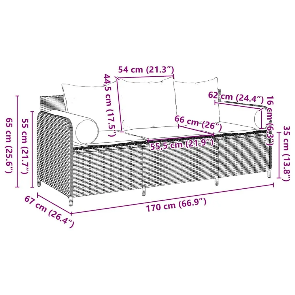 Outdoor Couch Set Grey Poly Rattan 3-Seater Garden Sofa with Cushions