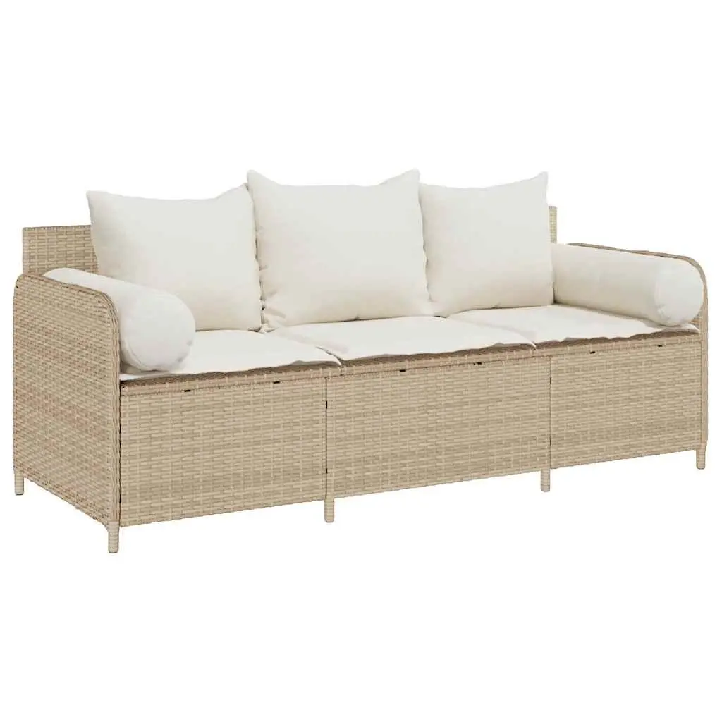 Outdoor Garden Sofa 3-Seater with Cushions Poly Rattan Beige Patio Furniture