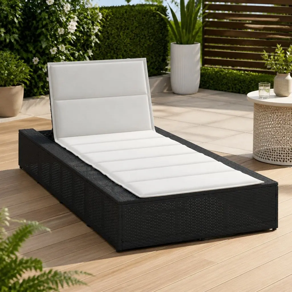 Sun Lounger PE Rattan Adjustable Backrest Black with Floating Cushion
