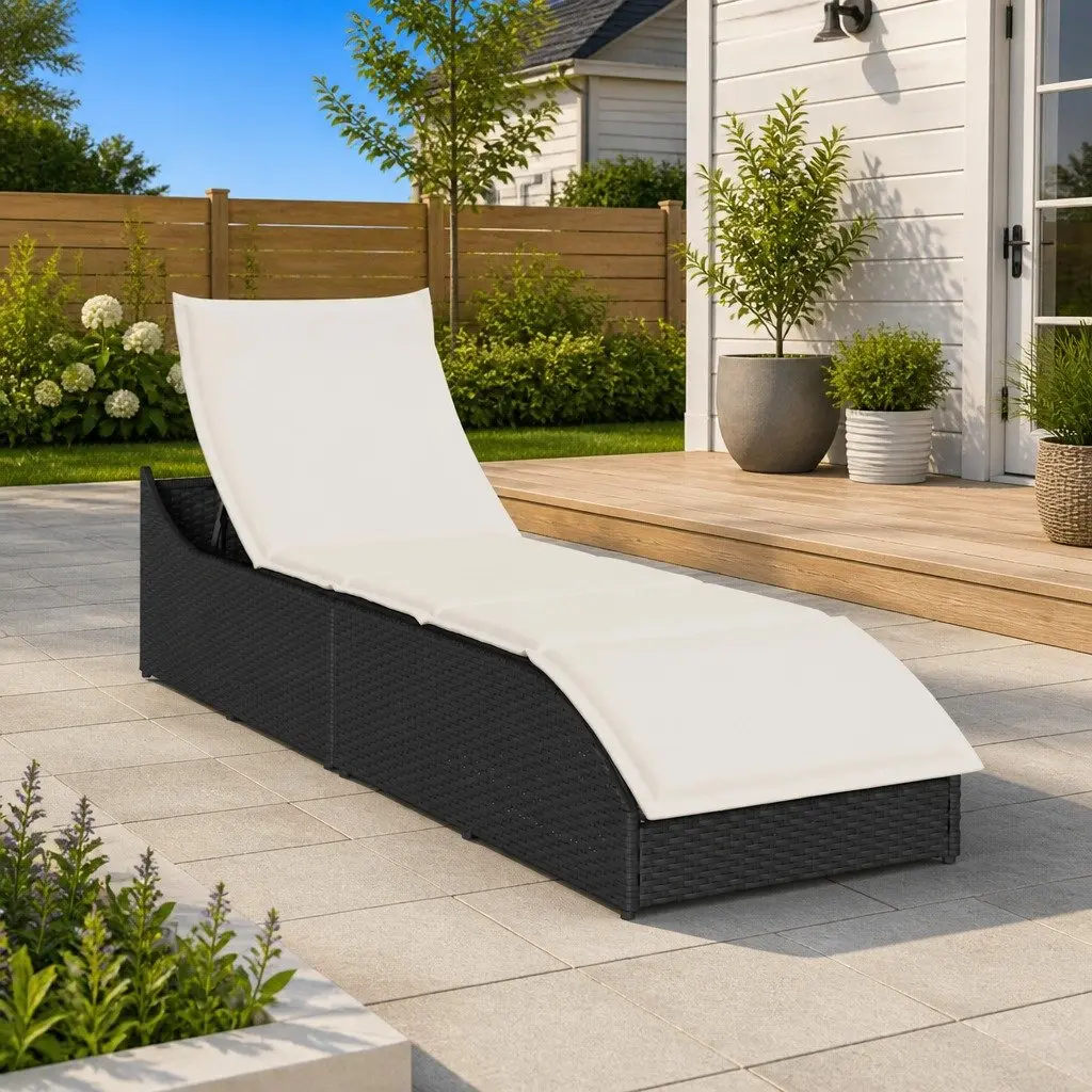 Folding Sun Lounger PE Rattan Adjustable Reclining Chair with Cushion Black