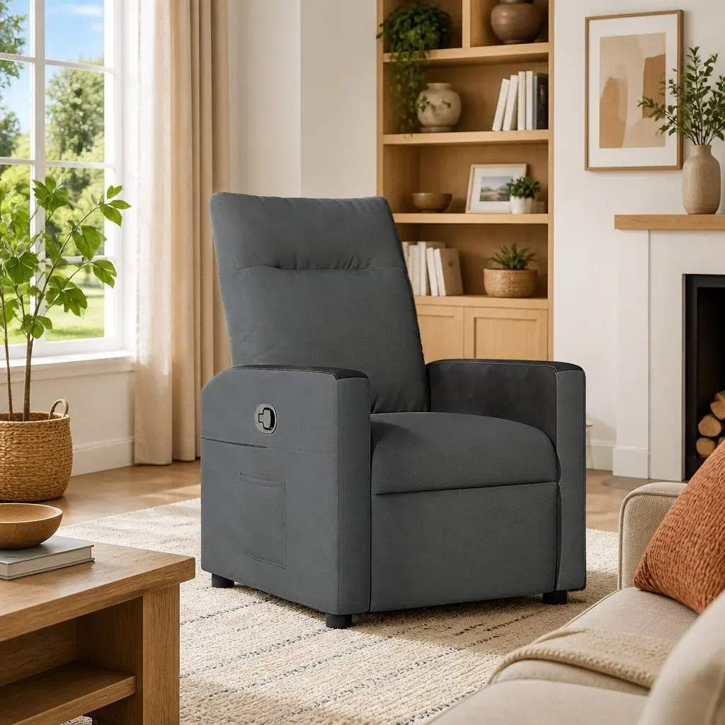 Recliner Chair Grey Fabric Manual Recline Armchair Lounge Seat with Footrest
