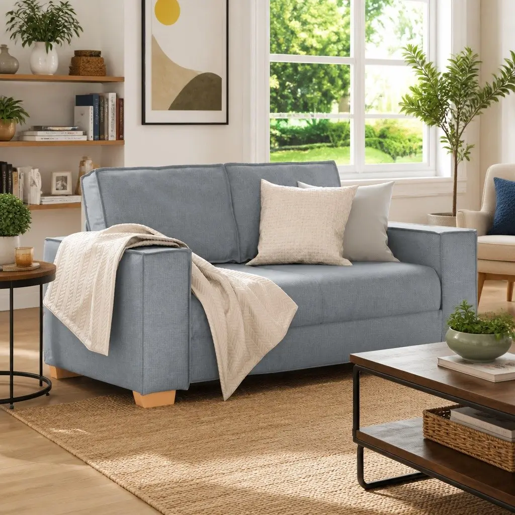 2-Seater Sofa Polyester Fabric Grey Living Room Lounge Couch with Wide Armrests