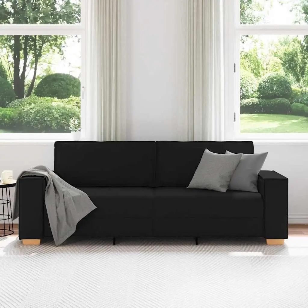 3-Seater Sofa Black Polyester Fabric 220x78x84cm Wooden and Metal Frame Upholstered Couch