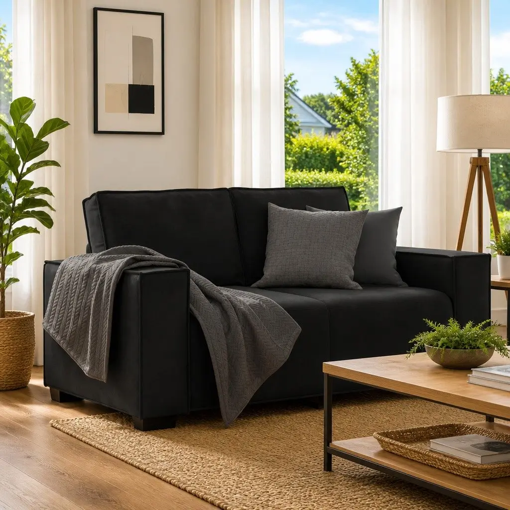 2-Seater Sofa Velvet Black Living Room Furniture Couch Armrests