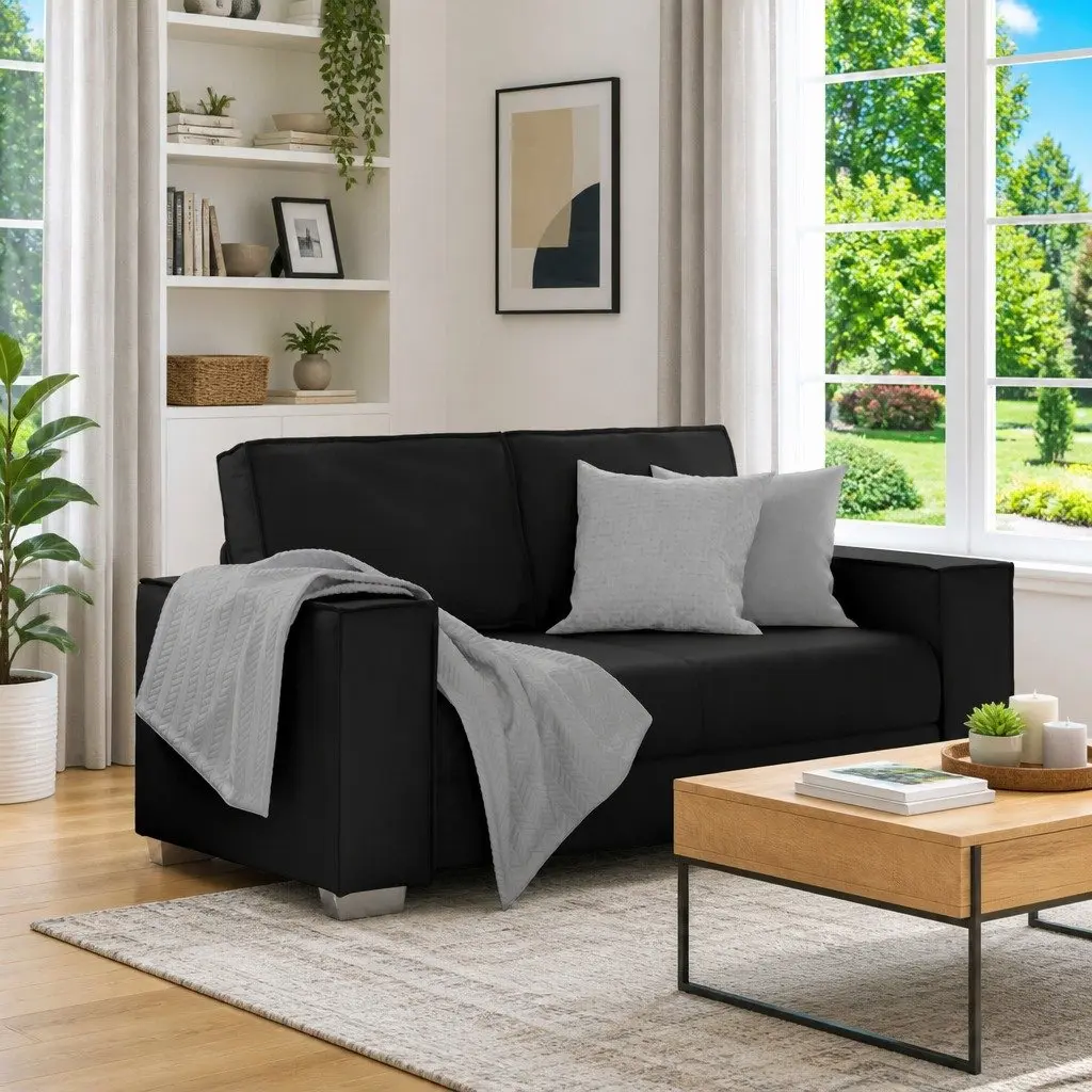 Loveseat Sofa Faux Leather 160cm Black Modern Compact Living Room Furniture
