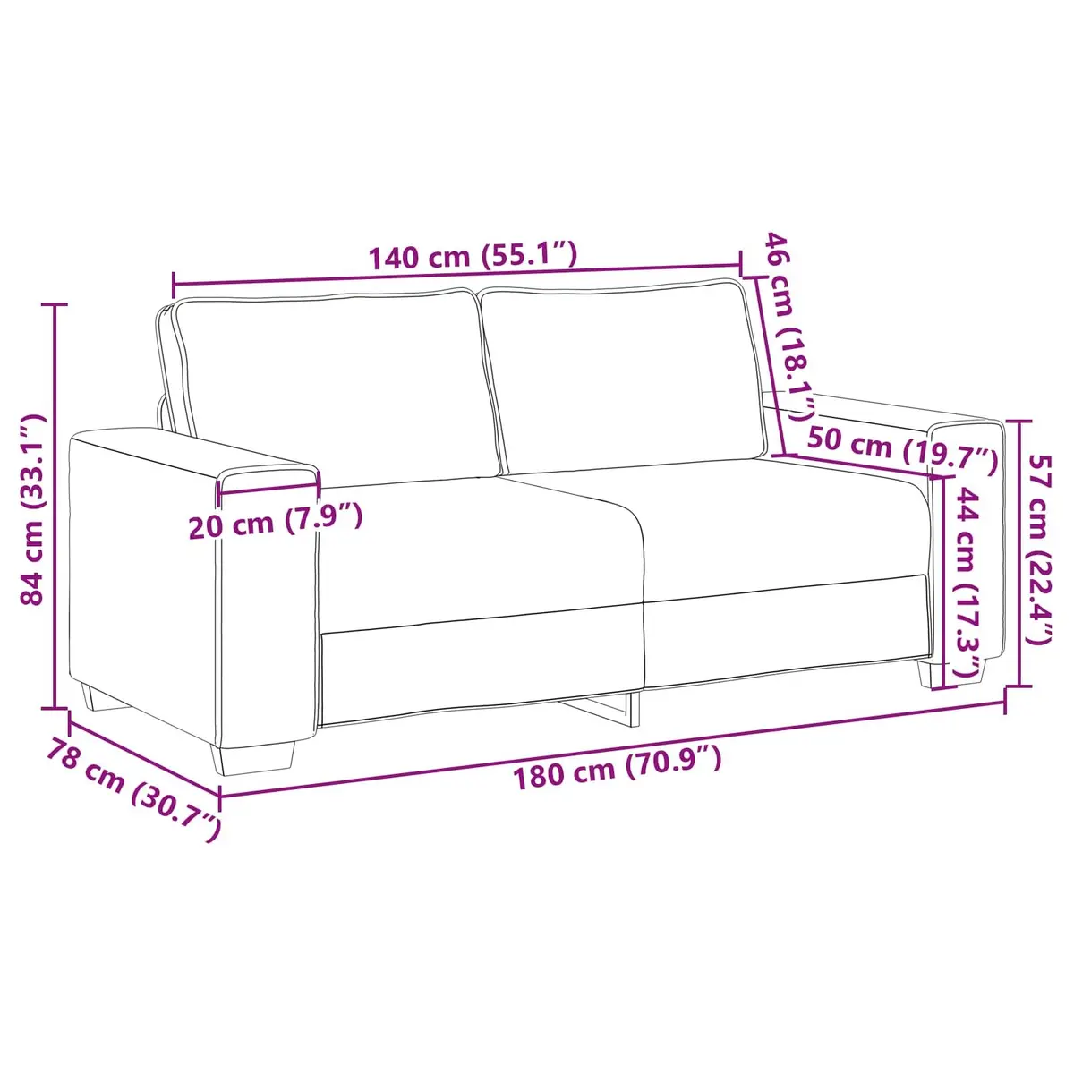 Loveseat Sofa 180 cm Modern Living Room Seating Brown Faux Leather Furniture