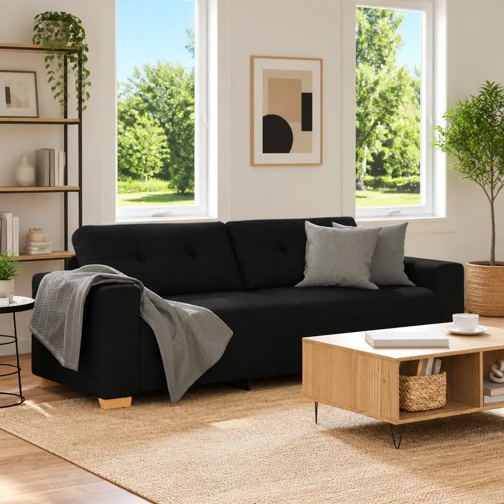3-Seater Sofa Polyester Fabric 220cm Black Modern Couch