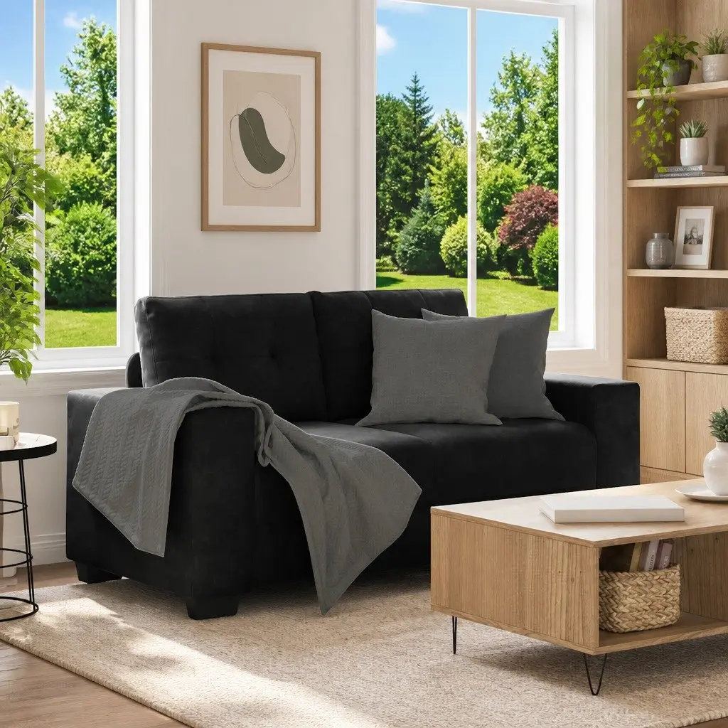 Loveseat Sofa Black Velvet 2 Seater Couch 160x77x82cm Living Room Bedroom