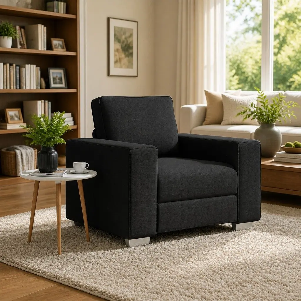 Fabric Sofa Chair 100cm Black Modern Indoor Seating with Wide Armrests