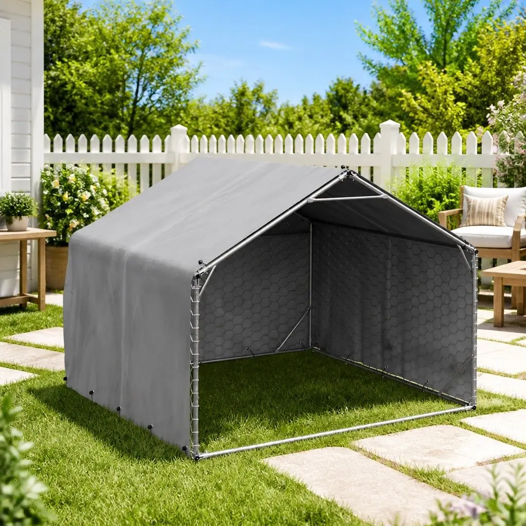 Outdoor Dog Kennel 2x2x1.5m Silver Galvanised Steel Pet Cage Weatherproof Cover