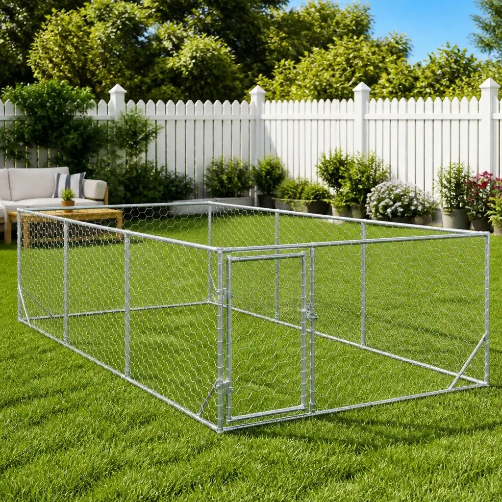 Outdoor Dog Kennel 2x4x1m Galvanised Steel Hexagonal Mesh Secure Lockable Door