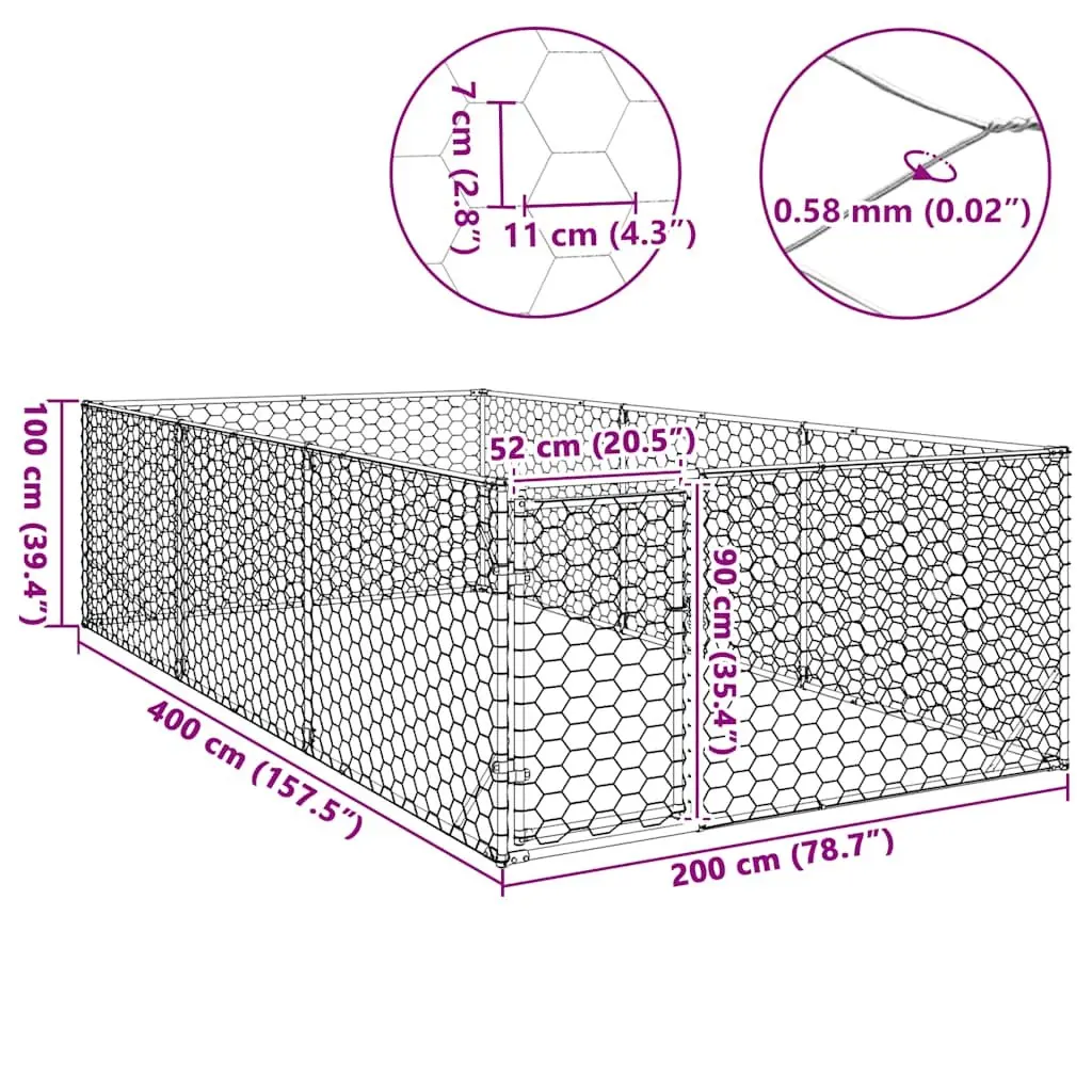 Outdoor Dog Kennel 2x4x1m Galvanised Steel Hexagonal Mesh Secure Lockable Door