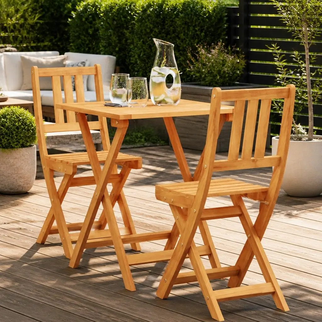 Folding Outdoor Bistro Set Compact Garden Furniture 3 Piece Acacia Wood Table and Chairs Brown