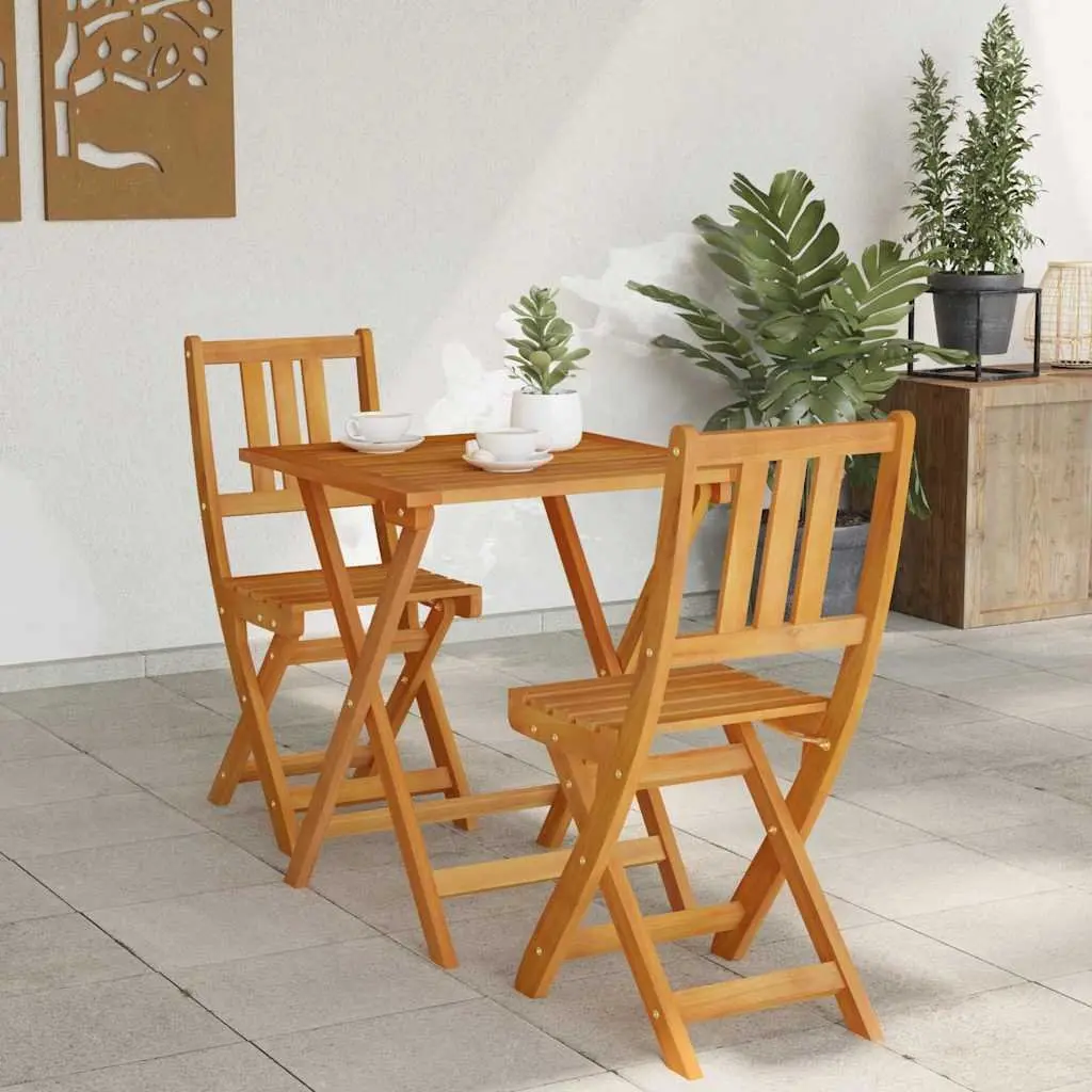 Folding Outdoor Bistro Set Compact Garden Furniture 3 Piece Acacia Wood Table and Chairs Brown