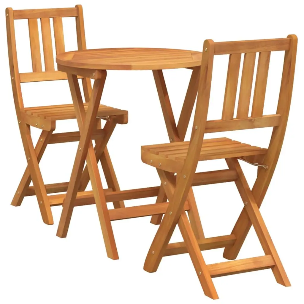 Folding Bistro Set 3 Piece Brown Acacia Wood Compact Outdoor Dining Table and Chairs