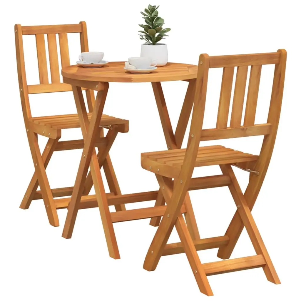 Folding Bistro Set 3 Piece Brown Acacia Wood Compact Outdoor Dining Table and Chairs