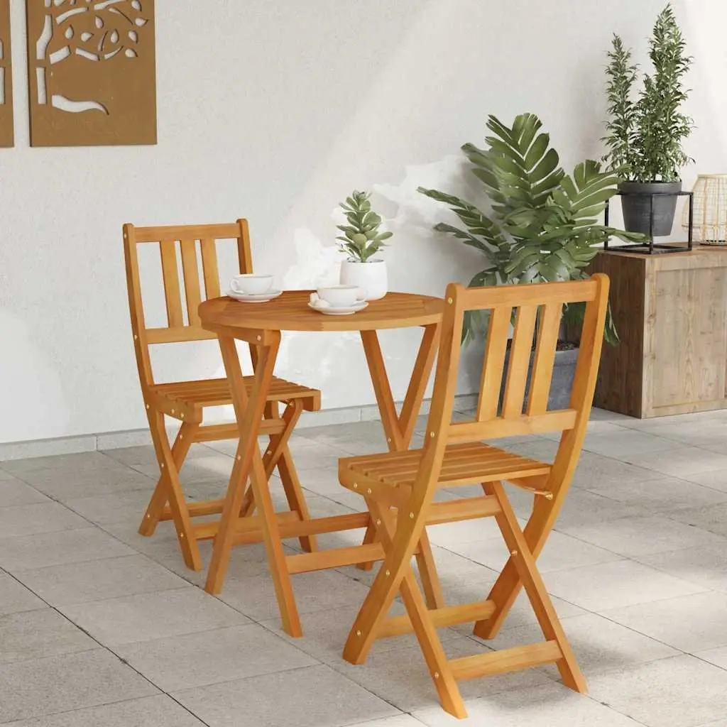Folding Bistro Set 3 Piece Brown Acacia Wood Compact Outdoor Dining Table and Chairs