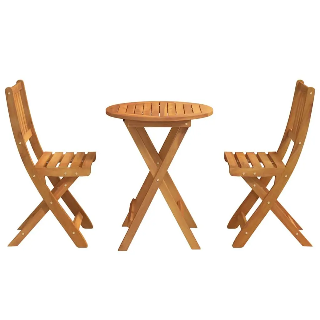 Folding Bistro Set 3 Piece Brown Acacia Wood Compact Outdoor Dining Table and Chairs