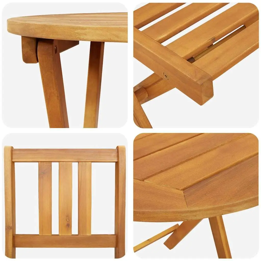 Folding Bistro Set 3 Piece Brown Acacia Wood Compact Outdoor Dining Table and Chairs