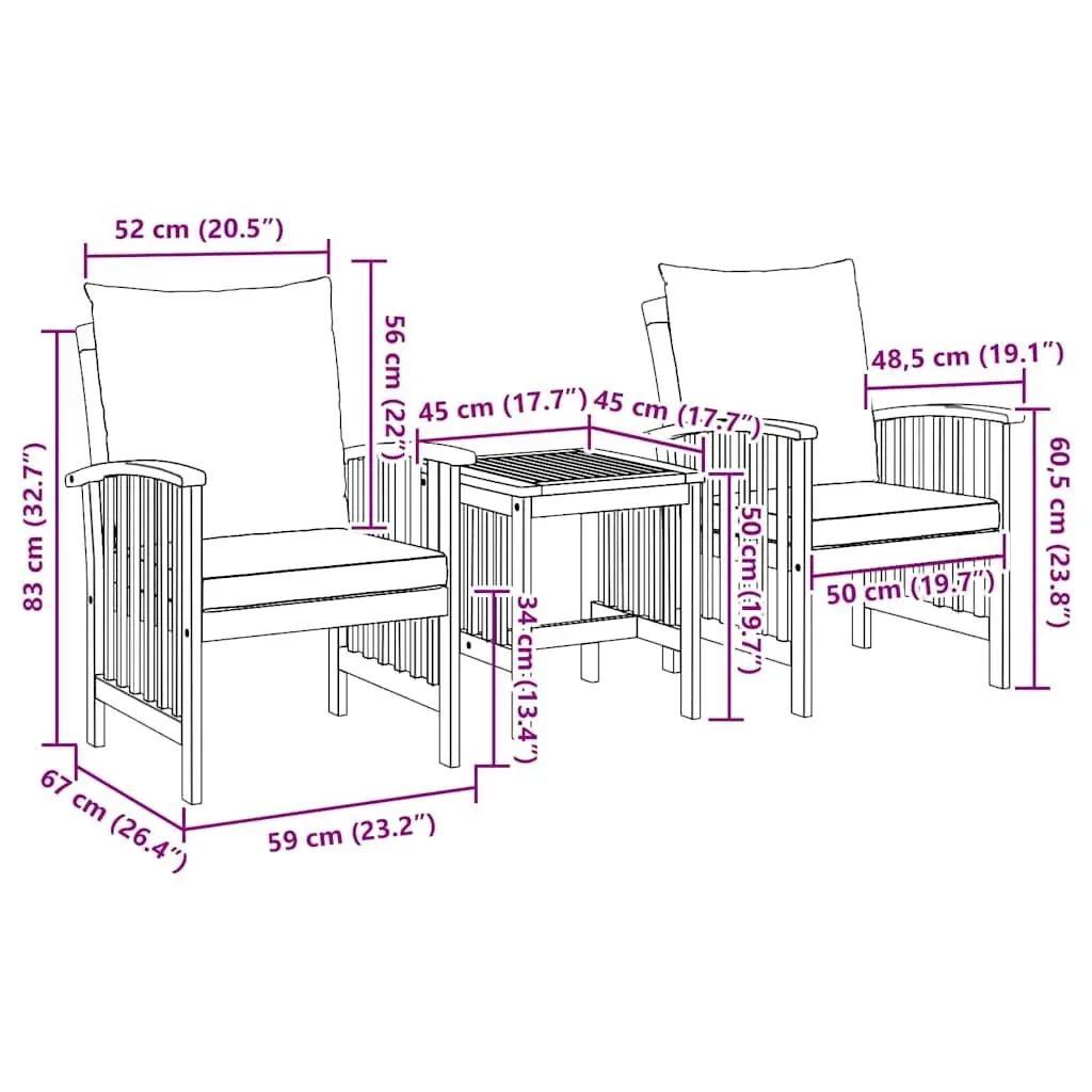 Outdoor Armchair and Table Set Solid Acacia Wood 3 Piece Brown