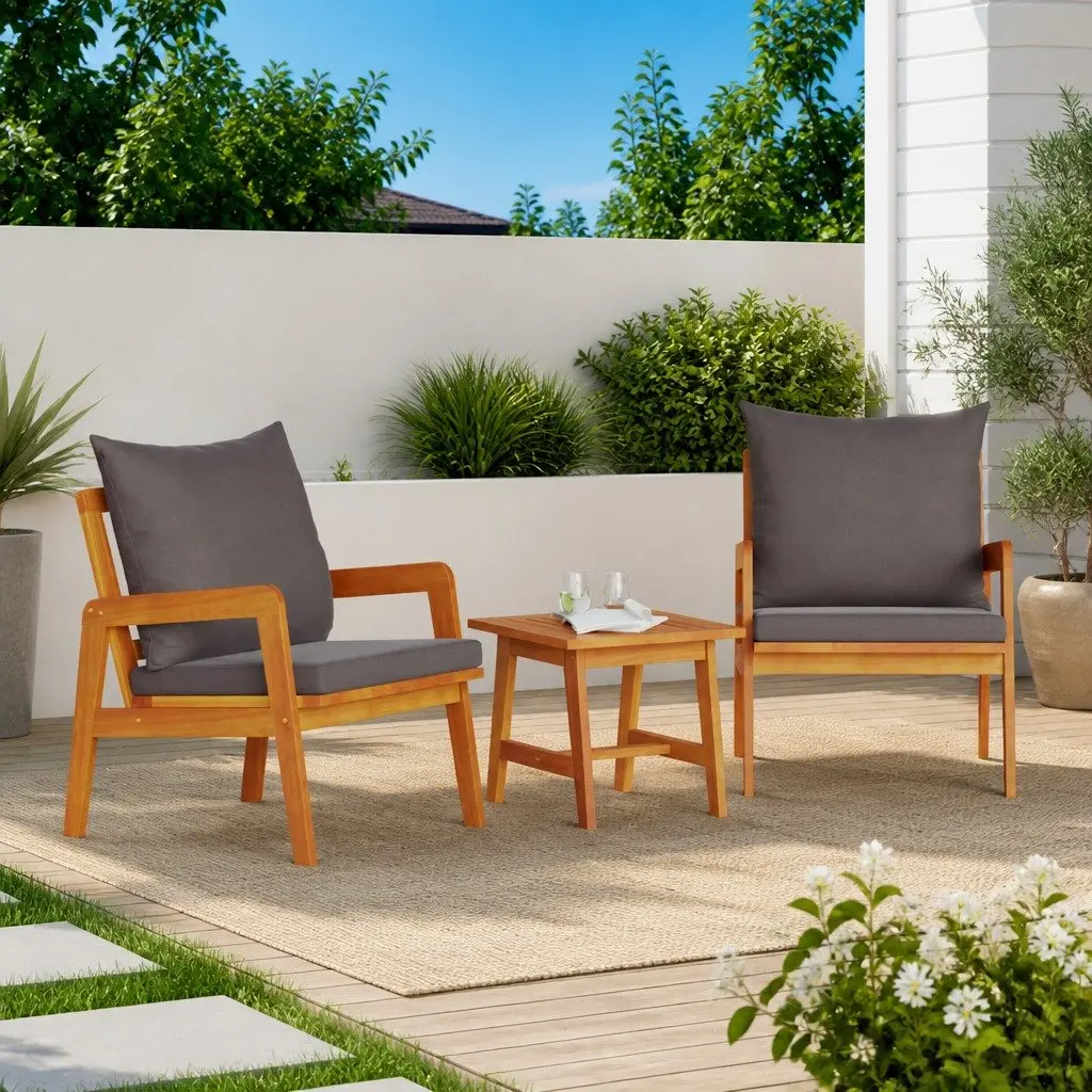 Outdoor Bistro Set Solid Acacia Wood 3 Piece Brown Garden Furniture with Cushion