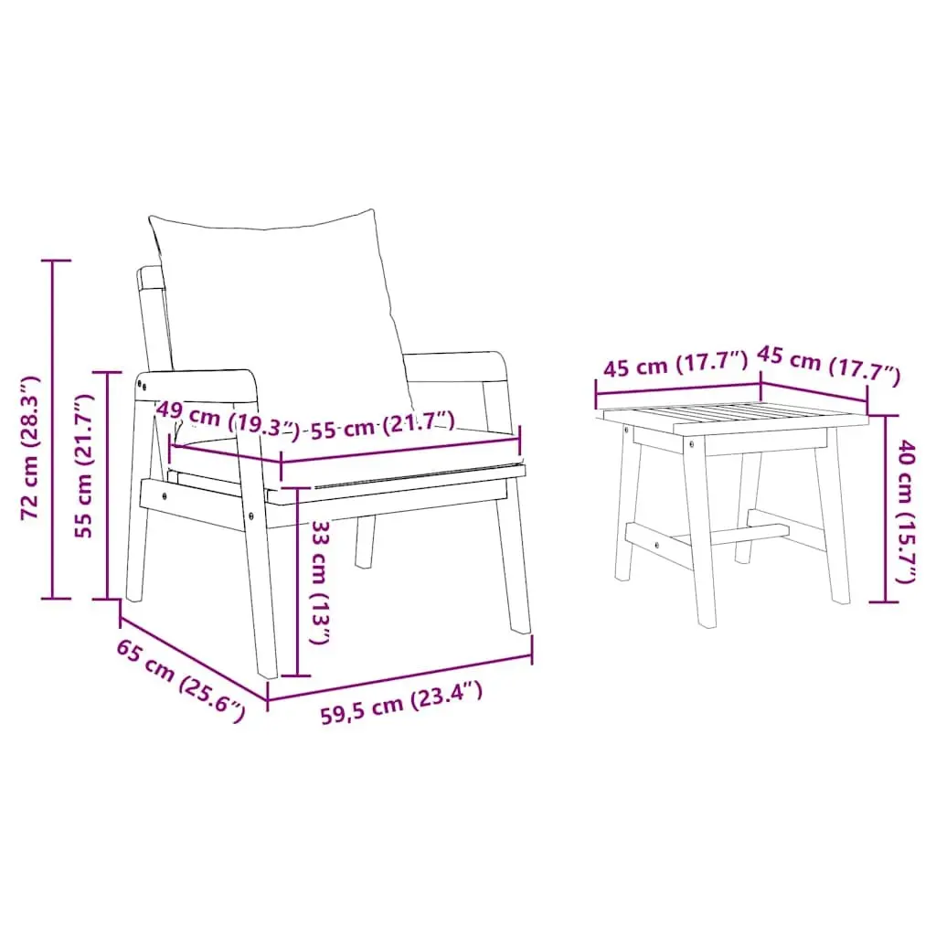 Outdoor Bistro Set Solid Acacia Wood 3 Piece Brown Garden Furniture with Cushion