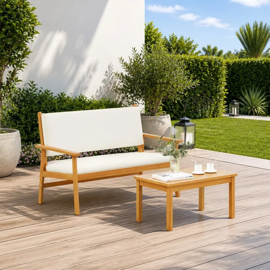Garden Sofa Set 2 Pcs Cream White Solid Acacia Wood Outdoor Patio Lounge