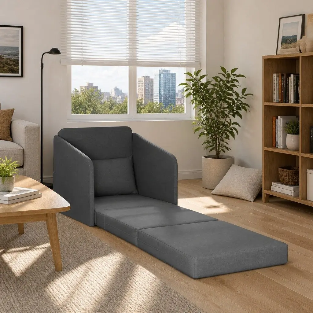 Sofa Bed Fabric Grey 65 x 80 x 83 cm Metal and Plywood Construction Modern Convertible Furniture