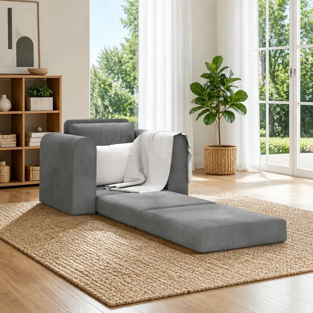 Convertible Couch Dark Grey Velvet Compact Modern Sofa Bed for Living Room or Guest Space