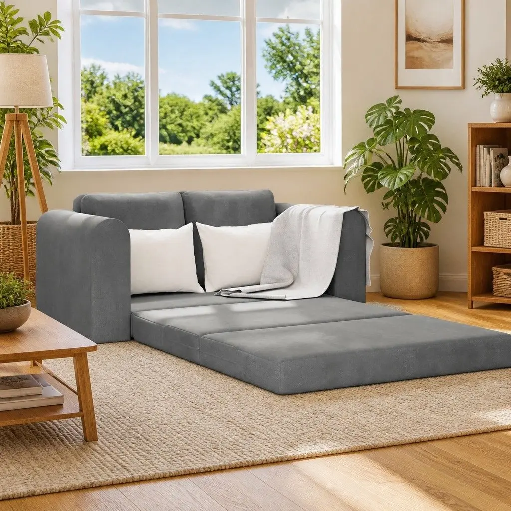 Sofa Bed Velvet Grey 148x71x83cm Convertible Couch Modern Living Room Guest