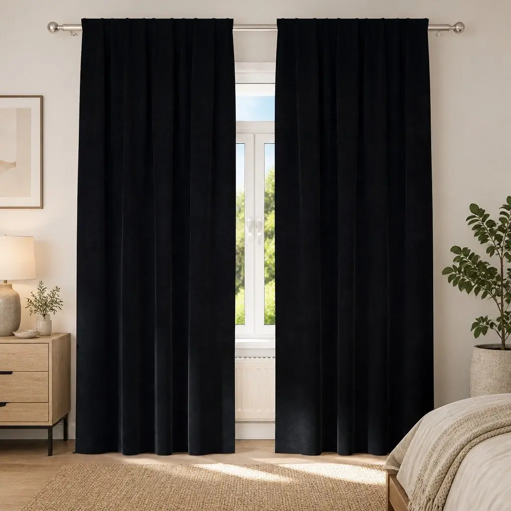 Velvet Blackout Curtains 140 x 225 cm 2 Pieces Black Light Blocking Window Treatment