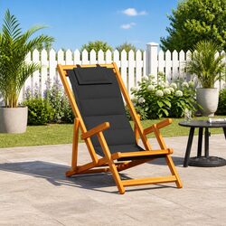 Folding Beach Chair with Armrests Black Acacia Wood Textilene Outdoor Seating