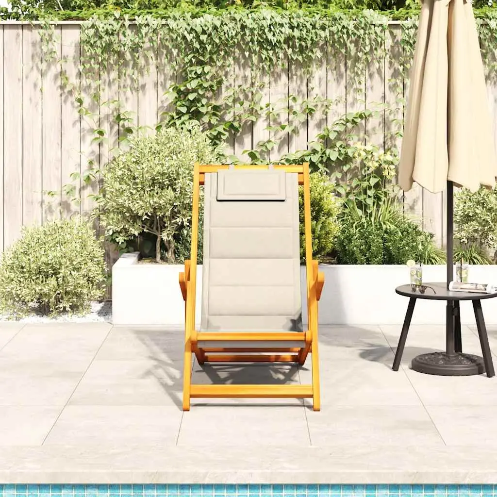 Folding Beach Chair Acacia Wood Cream Textilene Multi-Position Reclining Outdoor Garden Camping Seat