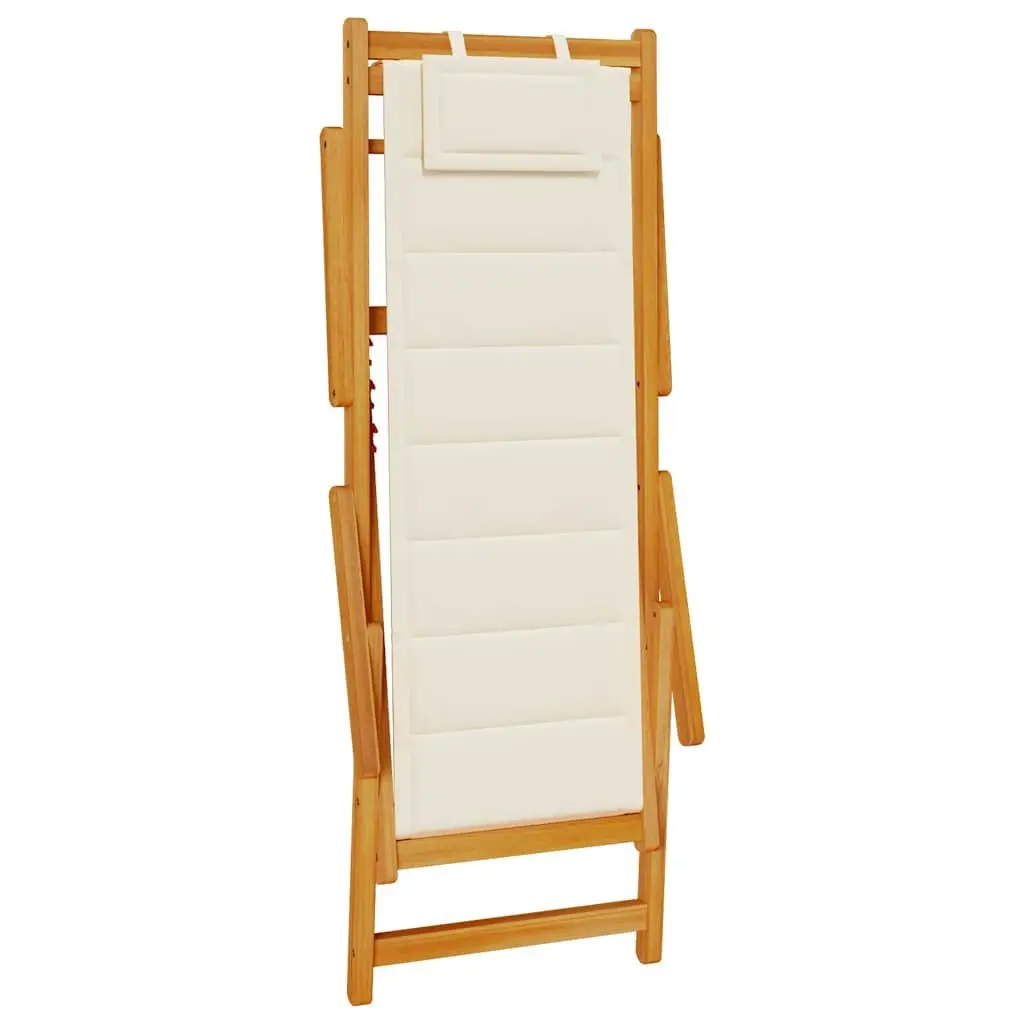 Folding Beach Chair Acacia Wood Cream Textilene Multi-Position Reclining Outdoor Garden Camping Seat