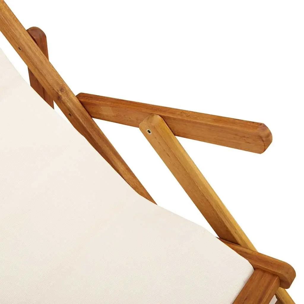 Folding Beach Chair Acacia Wood Cream Textilene Multi-Position Reclining Outdoor Garden Camping Seat