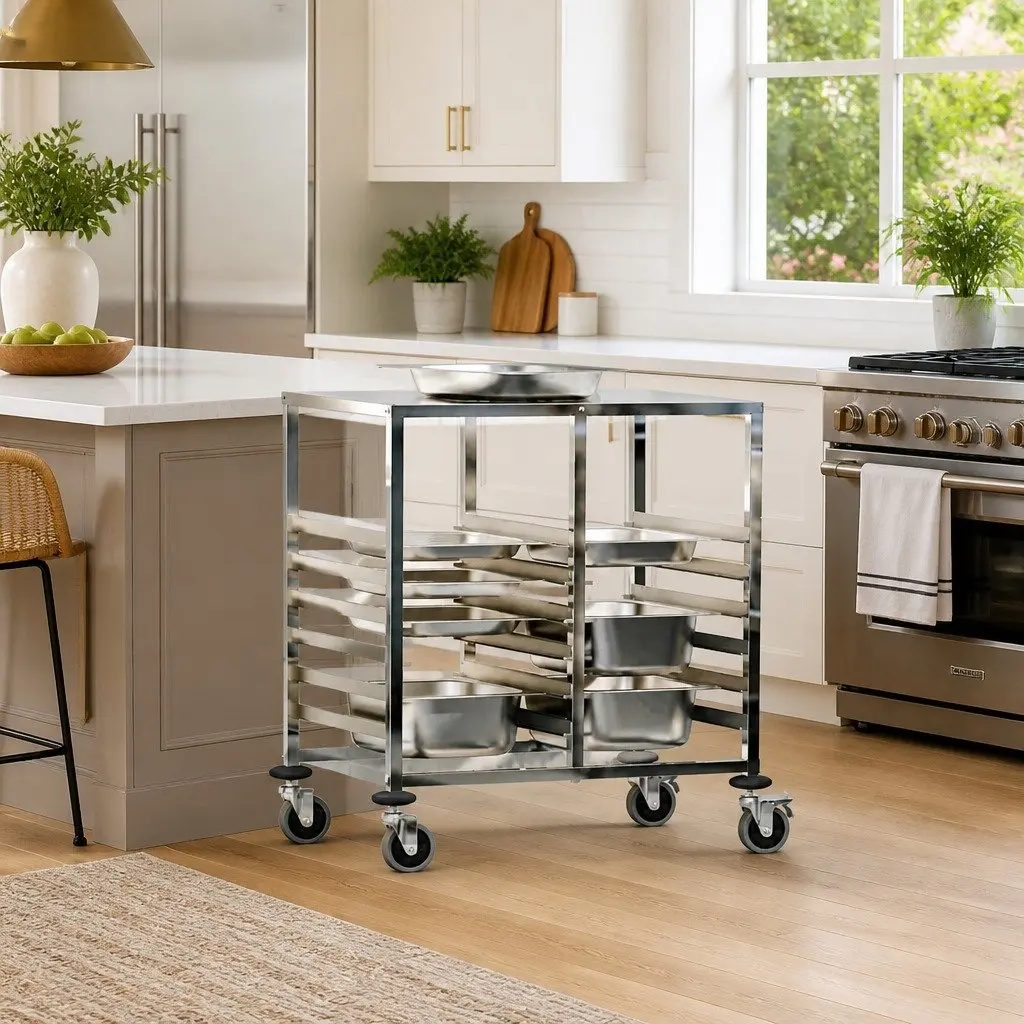 Tray Trolley Kitchen Dining Service Cart GN Containers Stainless Steel Silver